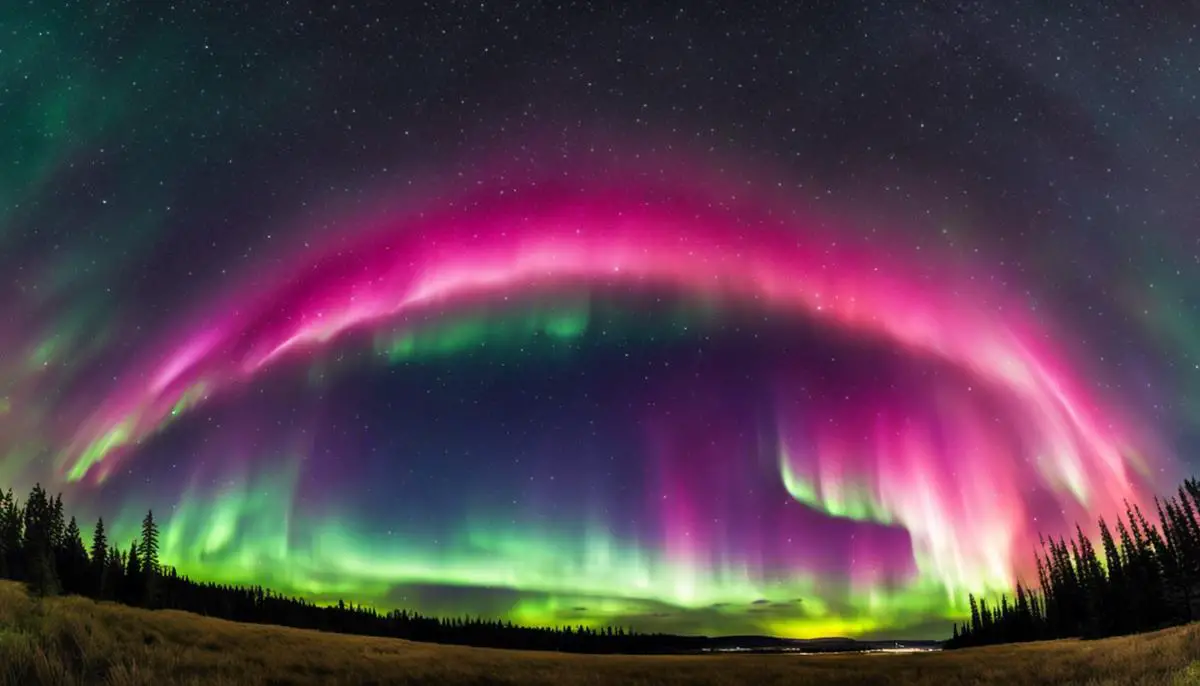 A photograph of a colorful Aurora in the night sky