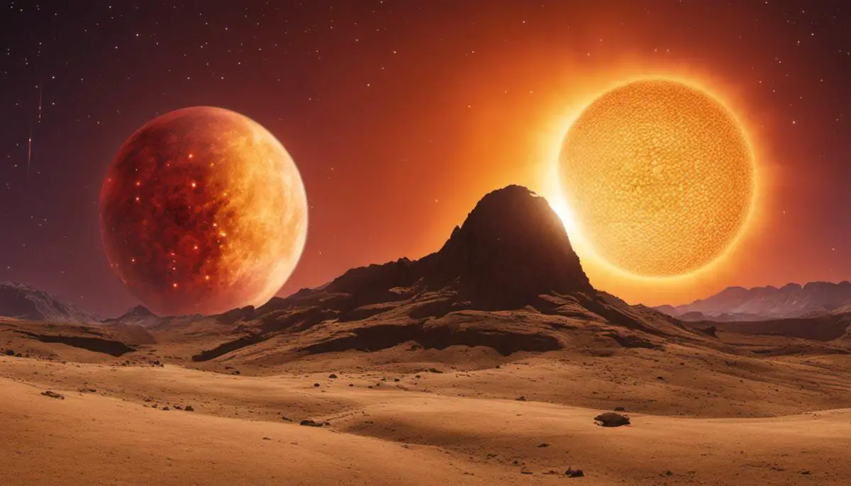 Illustration comparing Betelgeuse and the Sun, visually representing the differences in size, mass, temperature, and luminosity.