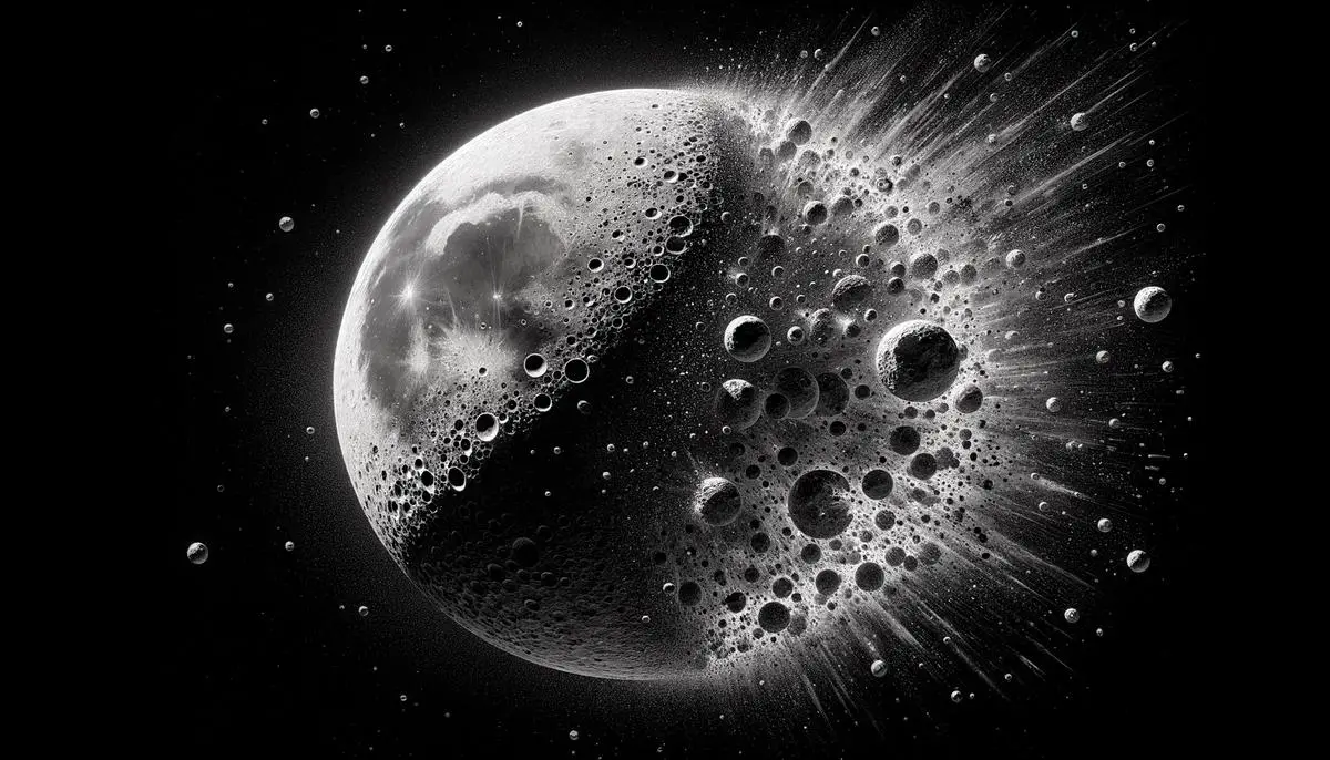 Artistic depiction of a smaller moon colliding with a larger moon, creating the lunar far side's rugged terrain