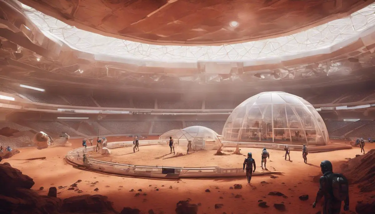 A large biodome sports arena on Mars with athletes competing inside