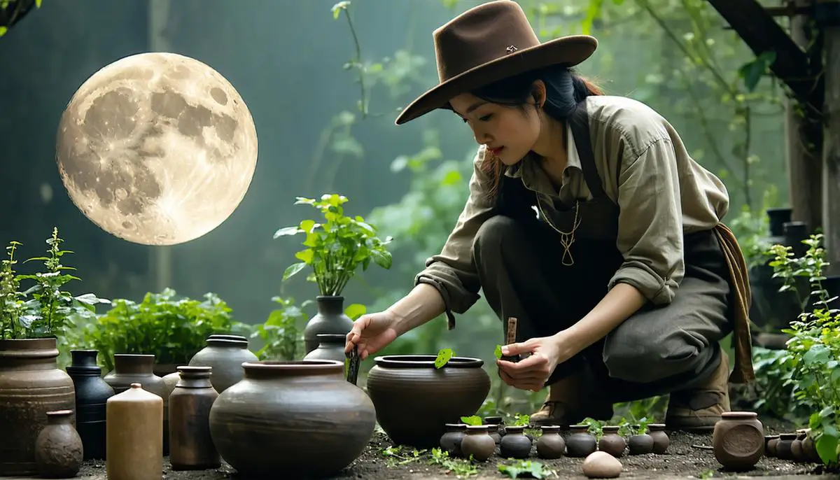 Gardener applying biodynamic preparations during a specific moon phase