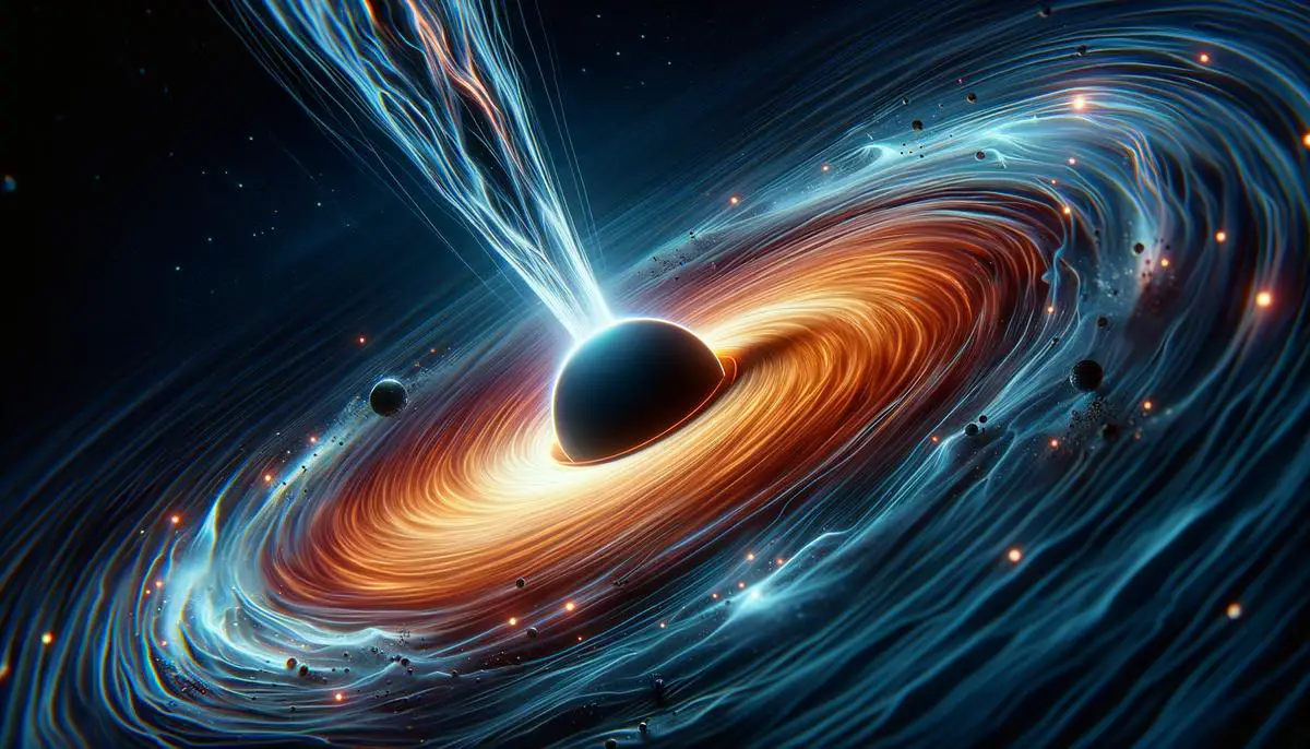 A visually striking and scientifically accurate depiction of a black hole, with swirling accretion disks, bright matter falling into the event horizon, and beams of energy emanating from the singularity, representing the theory of black holes acting as reservoirs of dark energy.