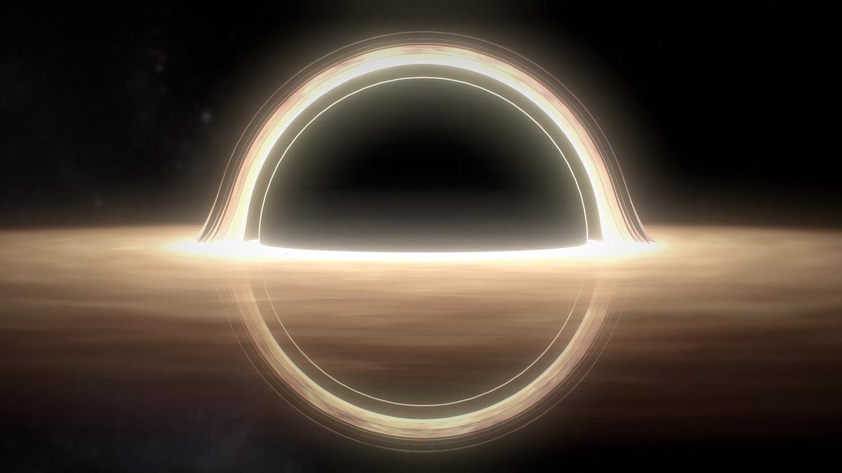 A visualization of extreme space-time distortion near a black hole, with light bending around its event horizon
