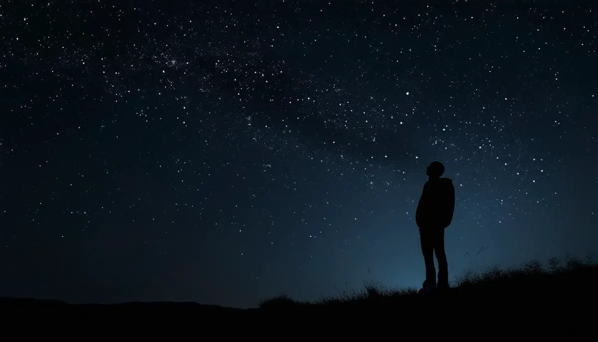 A silhouette of a person gazing up at a dark, star-studded night sky during a Black Moon, conveying a sense of rarity, introspection, and connection to the cosmos.