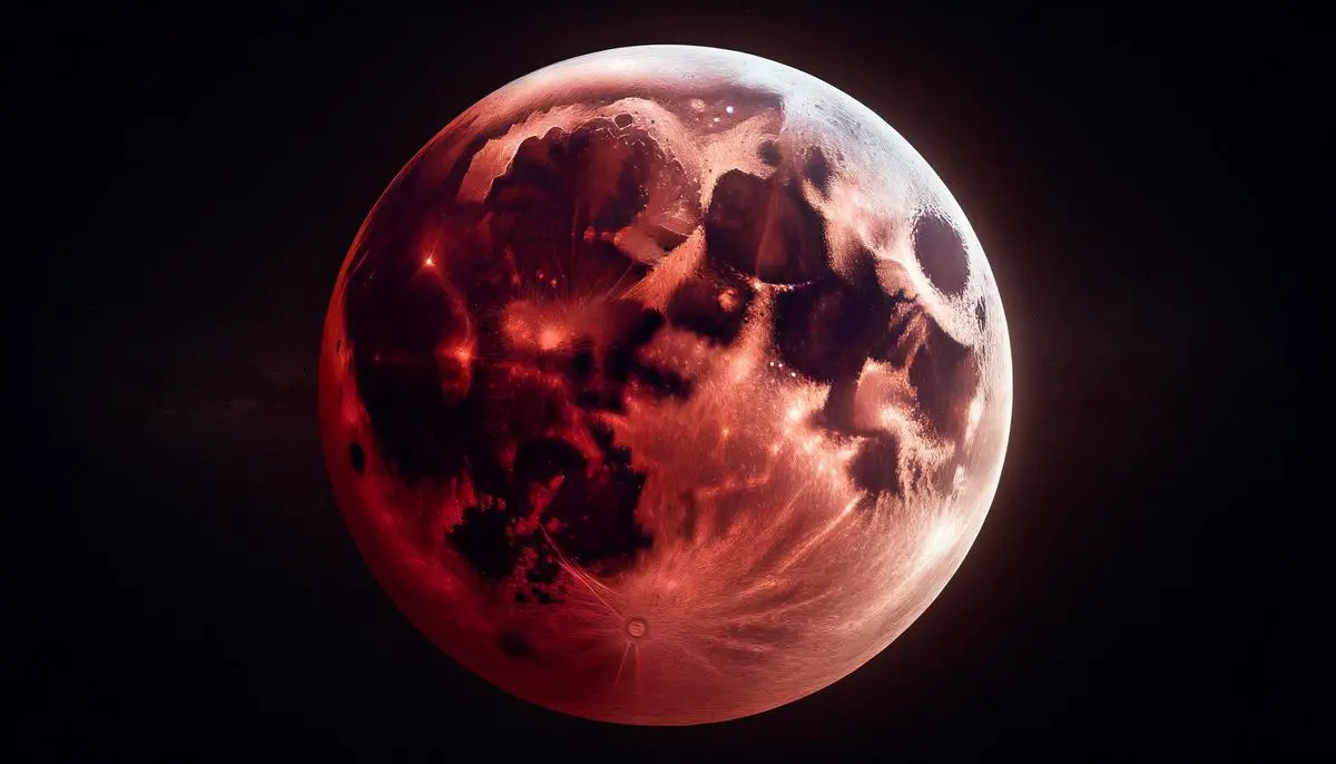 Close-up view of the moon during totality, showing its deep red color