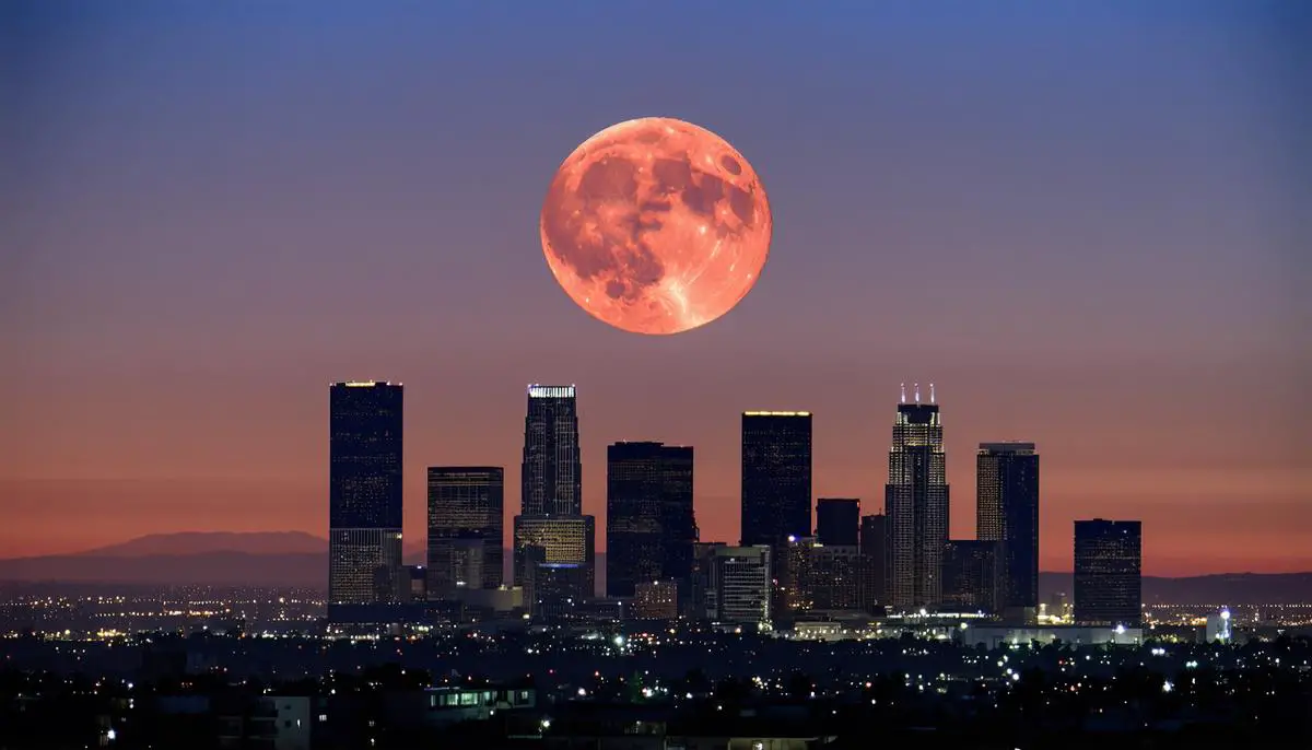 A bright red blood moon during totality, visible over the Los Angeles skyline with recognizable landmarks
