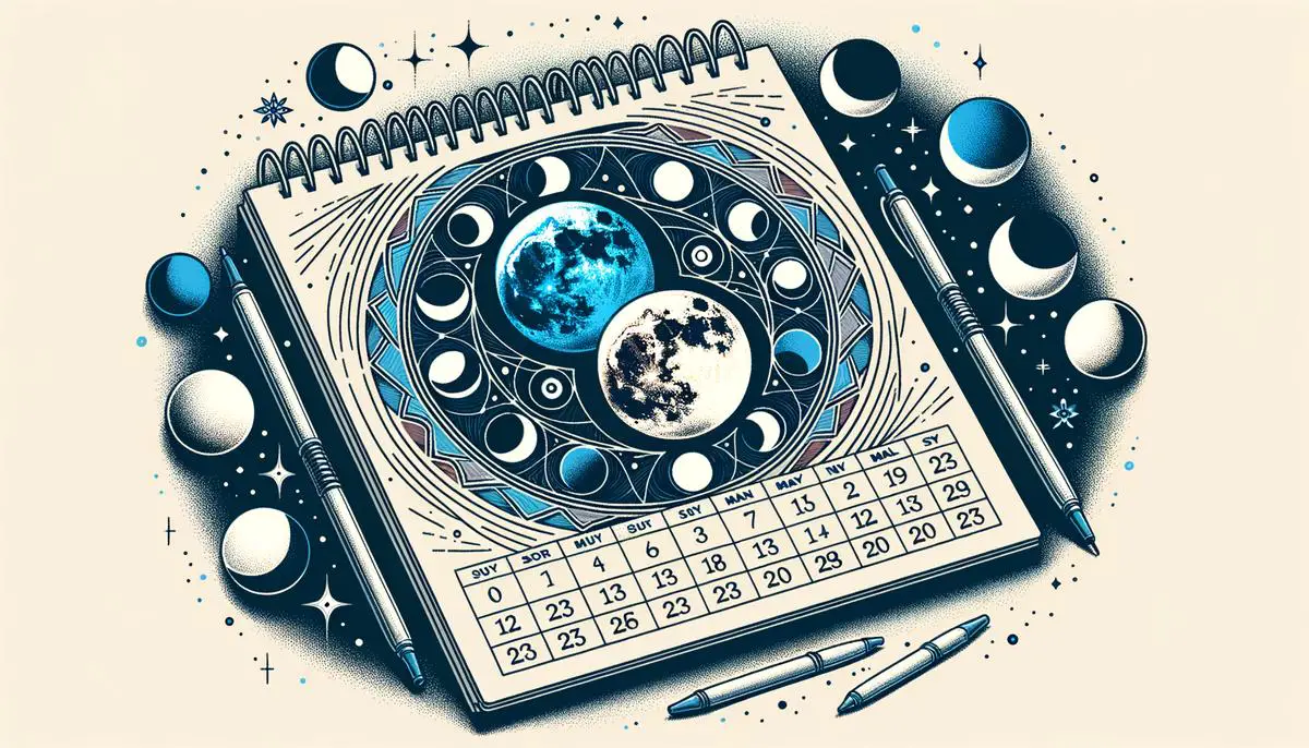 An artistic illustration of a calendar showing two full moons in one month, with the second moon highlighted in blue