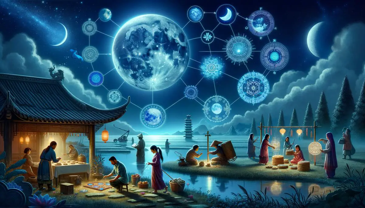 A mystical scene depicting various cultural symbols and rituals associated with blue moons
