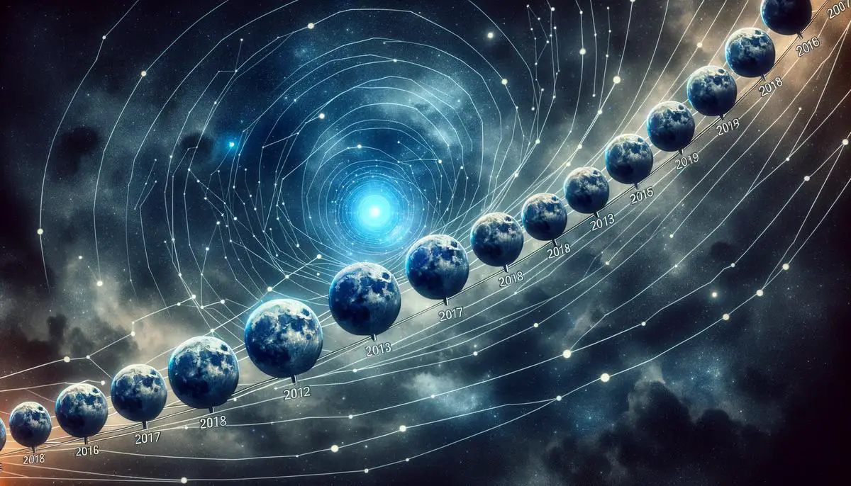 A timeline showing the occurrence of blue moons over several years, emphasizing their frequency every two to three years