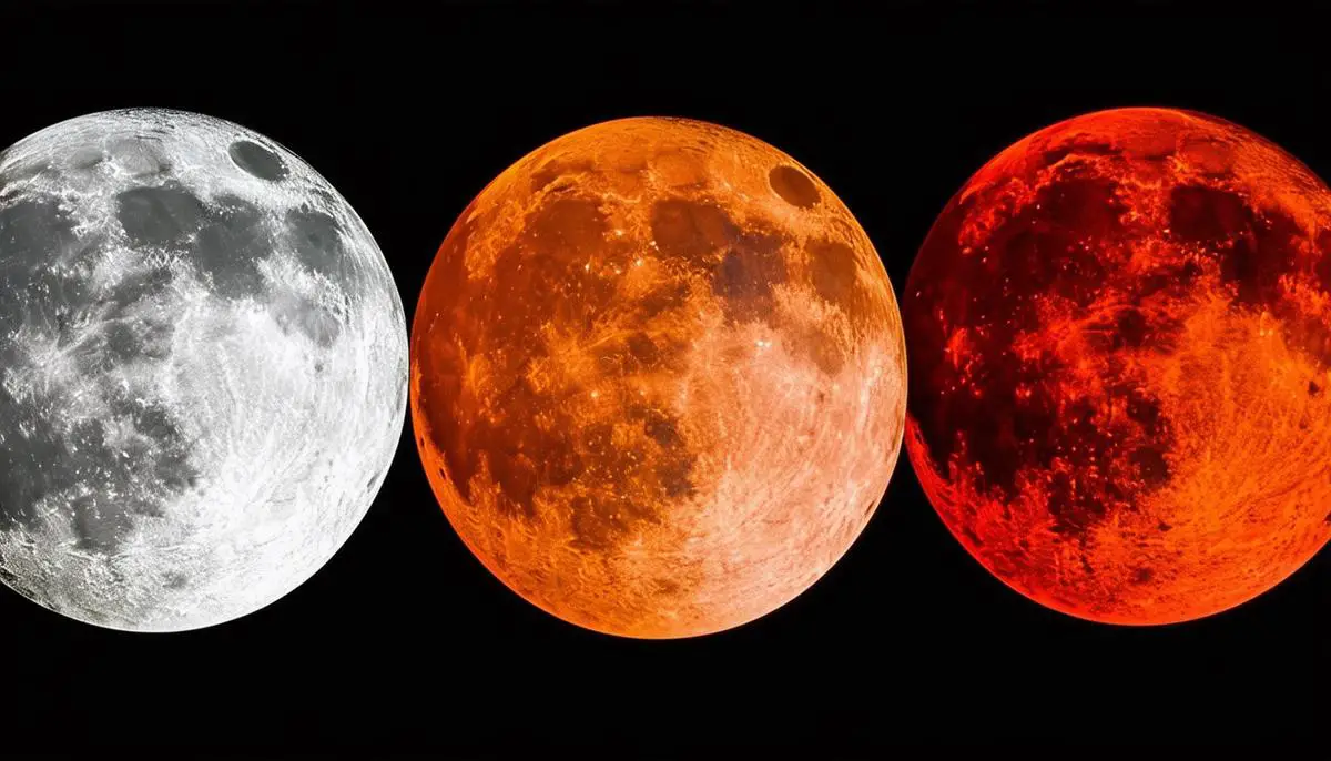 A triptych comparing a regular full moon, a supermoon, and a blood moon during a lunar eclipse