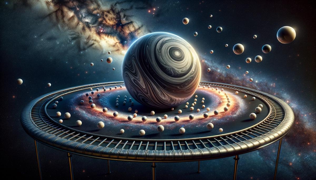 A large bowling ball creating a deep depression on a trampoline surface, surrounded by smaller marbles rolling around the curve