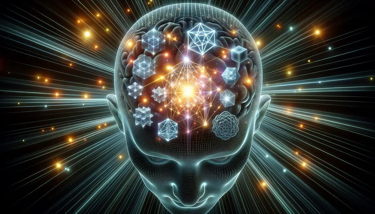 An artistic representation of a human brain with glowing neural pathways forming higher-dimensional geometric shapes