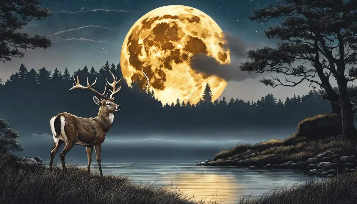 Illustration of the Buck Moon, a full moon in July, with a deer in front of it.