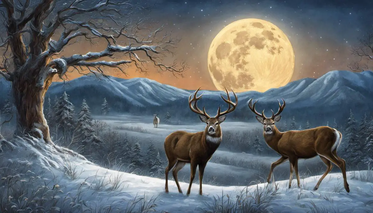 Illustration of a Buck Moon with a deer and moon in the background, symbolizing the connection between nature and the lunar calendar.