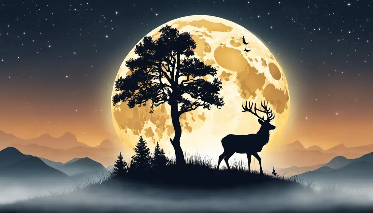 Illustration of a bright full moon with a deer silhouette in front, representing the Buck Moon