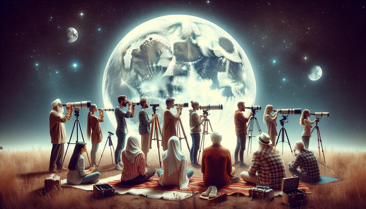 A group of people using telescopes and binoculars to view the Buck Moon in a clear night sky