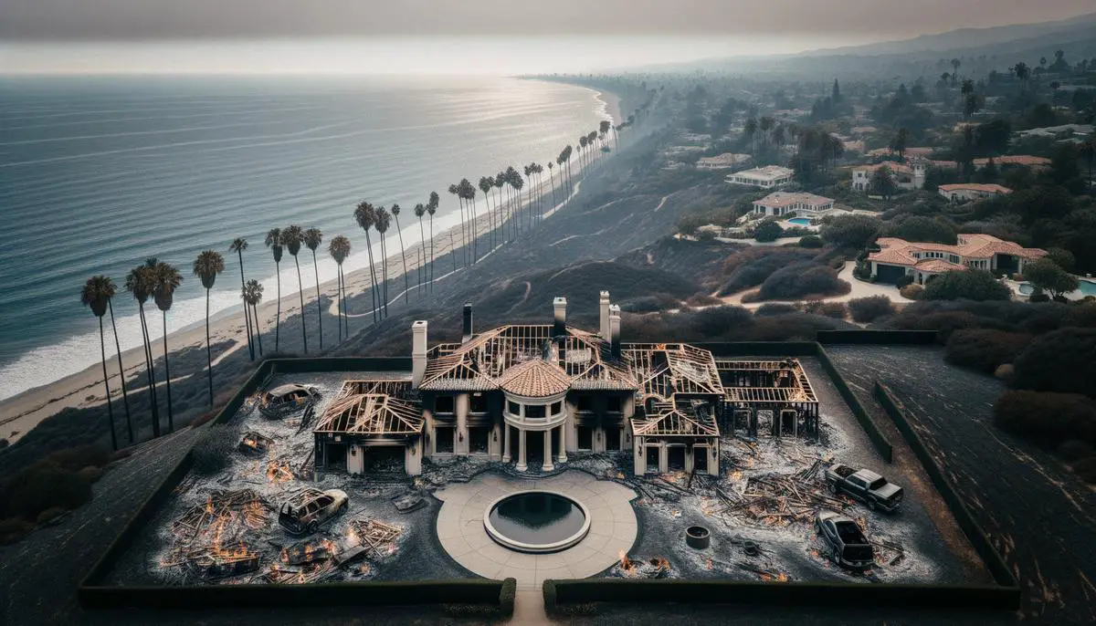 Aerial view of a burnt luxury mansion in Malibu, surrounded by scorched landscape