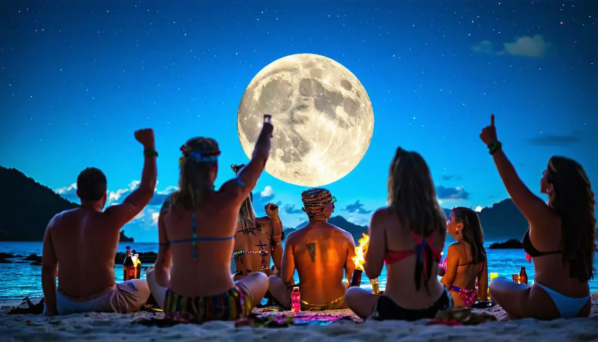 Full Moon Party on a British Virgin Islands beach with people stargazing and celebrating