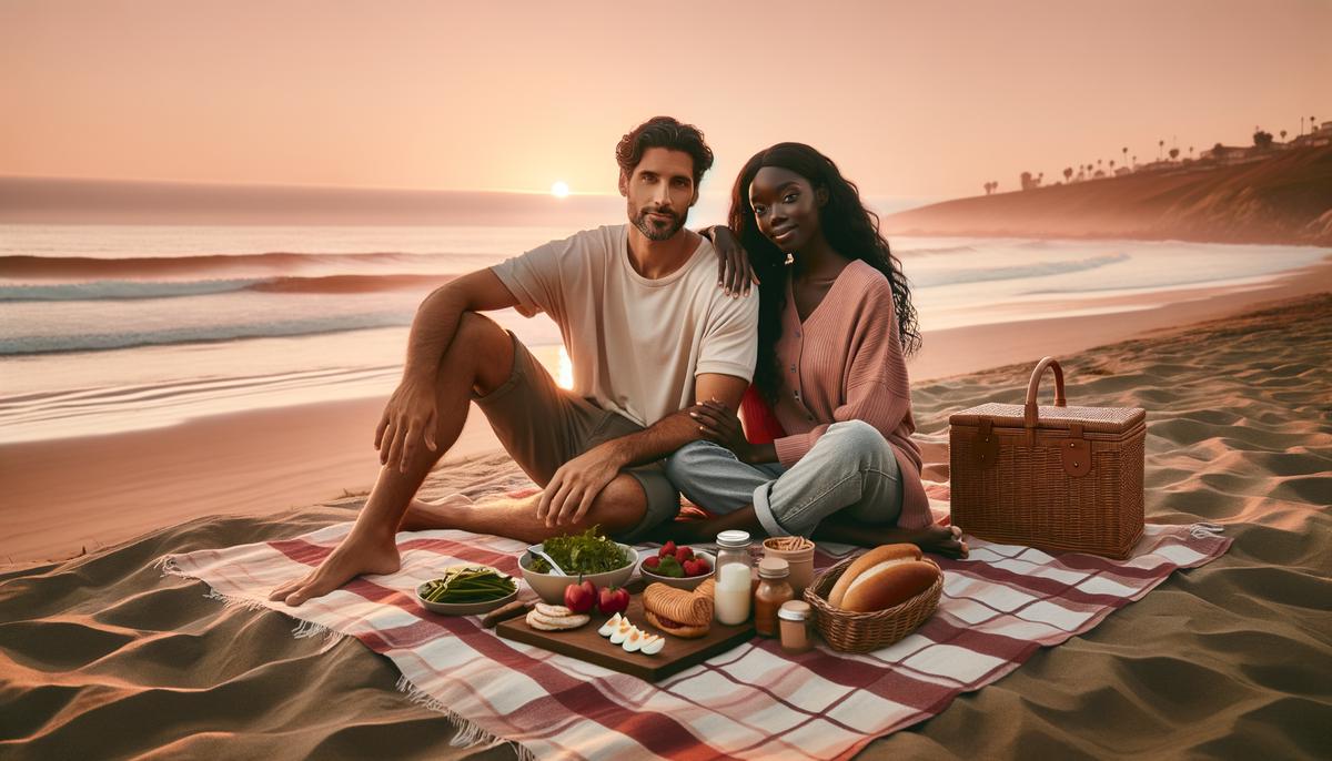 A couple having a picnic on the beach at sunset
