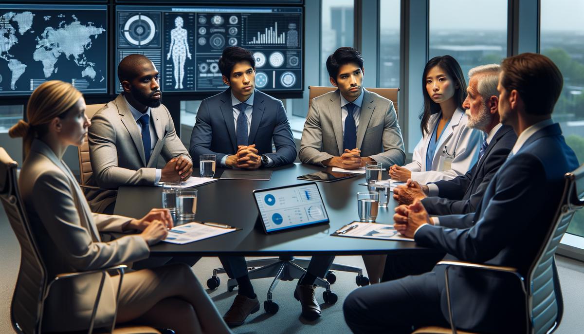 A diverse group of professionals discussing cancer research funding