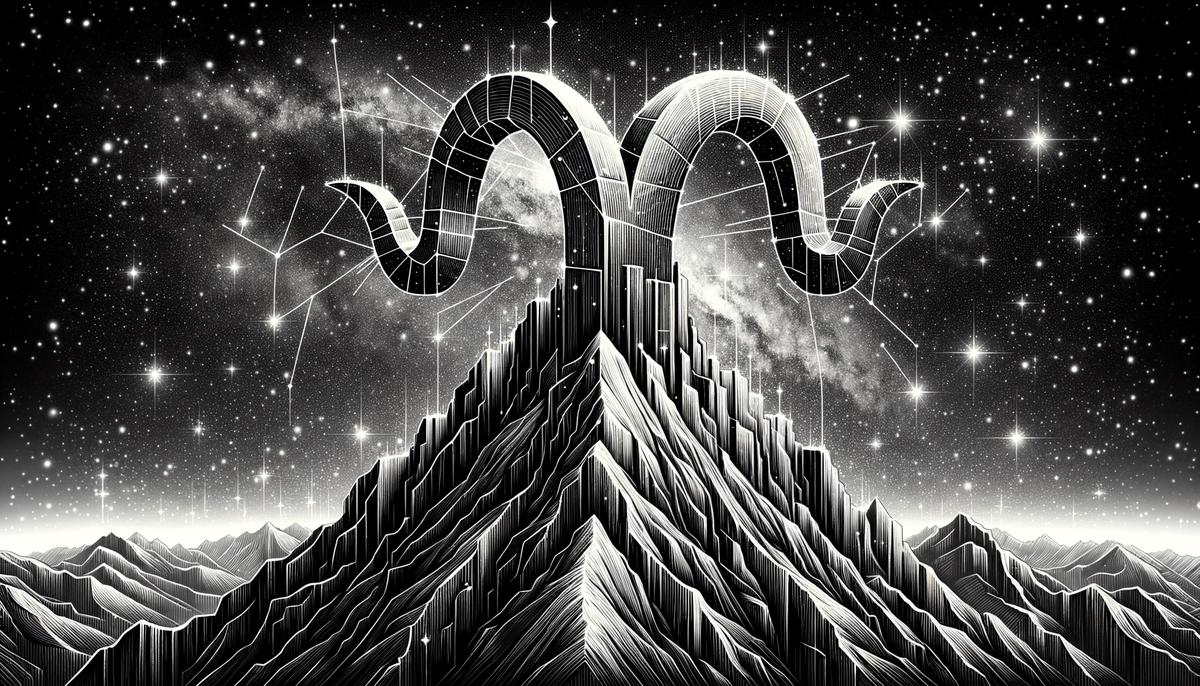 A Capricorn symbol etched into a strong mountain, symbolizing unwavering commitment