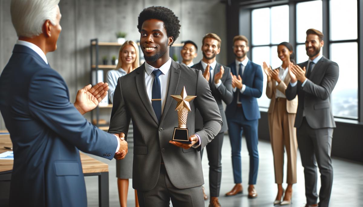 A Capricorn professional receiving an award or recognition in a corporate setting, symbolizing career advancement