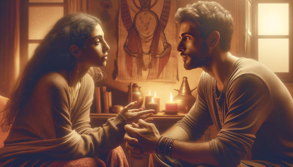 A Capricorn couple having a heartfelt conversation in a cozy setting, representing emotional connection and understanding