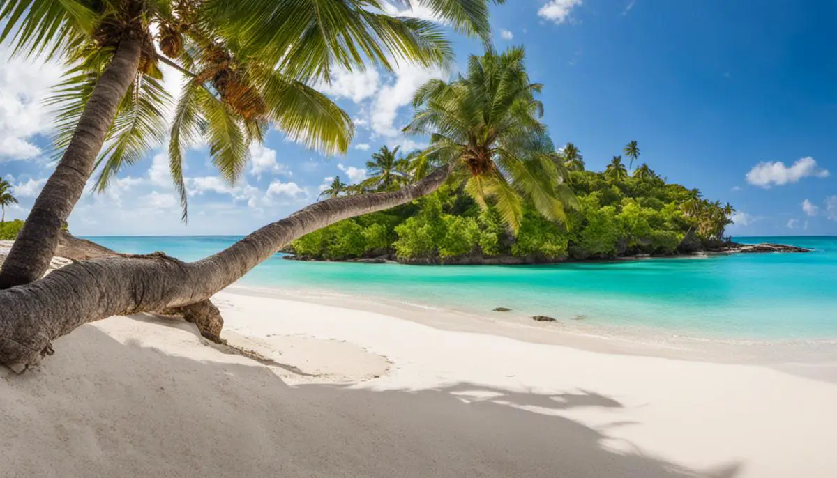 A beautiful beach in the Caribbean during November, with turquoise waters, white sand, and palm trees.