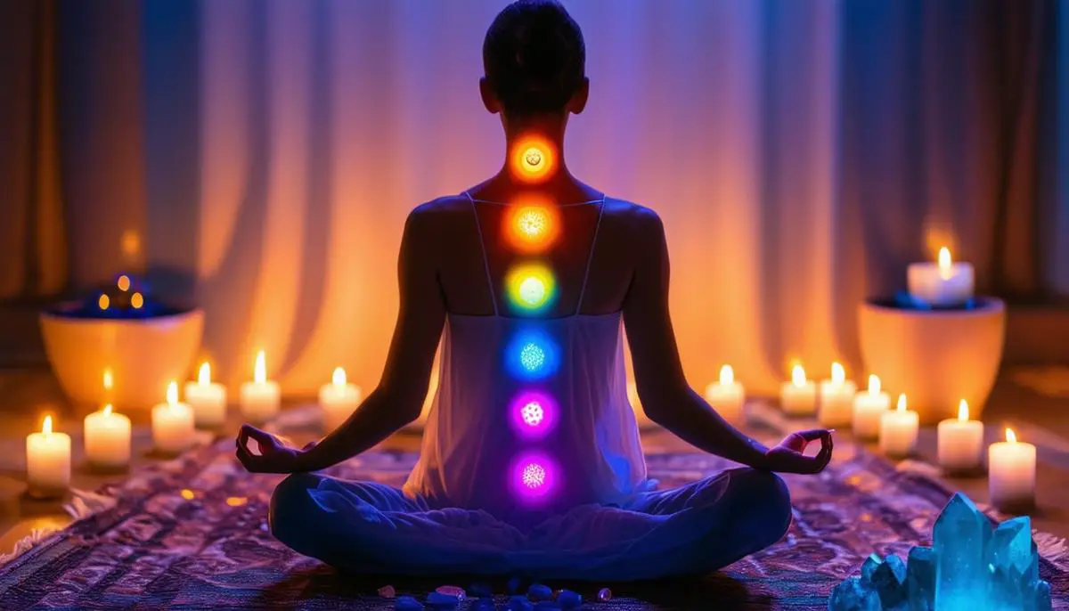 A person meditating surrounded by chakra-aligned crystals and soft candlelight