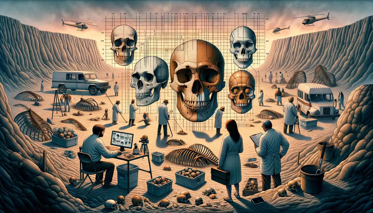 An image illustrating the challenges faced by paleoanthropologists in classifying ancient fossils and defining Homo sapiens, highlighting the difficulties in interpreting morphological variations and the limitations of the fossil record.