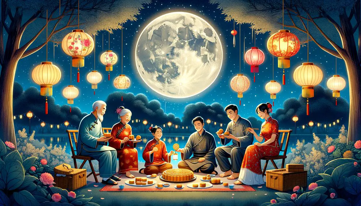 An illustration of a Chinese family celebrating the Mid-Autumn Festival under a full moon