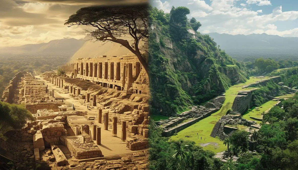 A split image showing thriving and collapsed versions of ancient civilizations affected by climate change