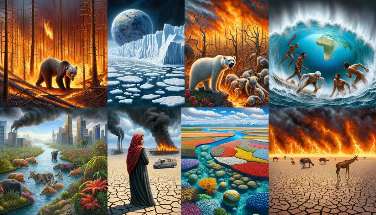 Collage showing various impacts of climate change including wildfires, melting ice, rising sea levels, and stressed ecosystems