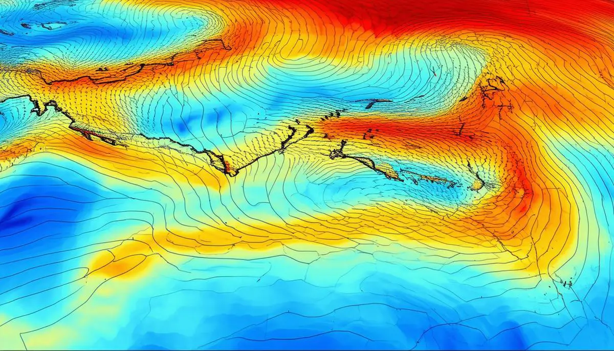 A 3D visualization of future climate model projections showing increased turbulence patterns over major flight corridors