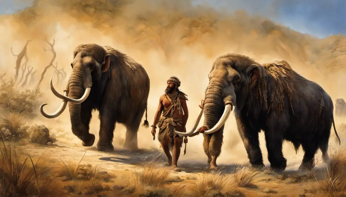 Illustration of the Clovis Culture displaying nomadic hunter-gatherers following mammoths and mastodons.