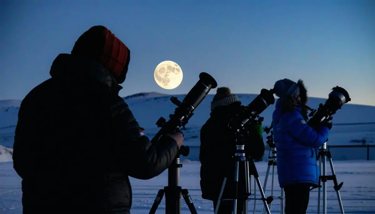 Astronomers observing the Cold Moon through telescopes in a winter setting