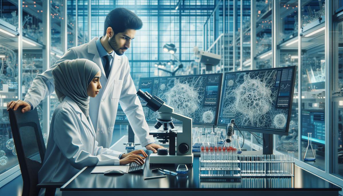 Scientists from different institutions collaborating in a cancer research laboratory