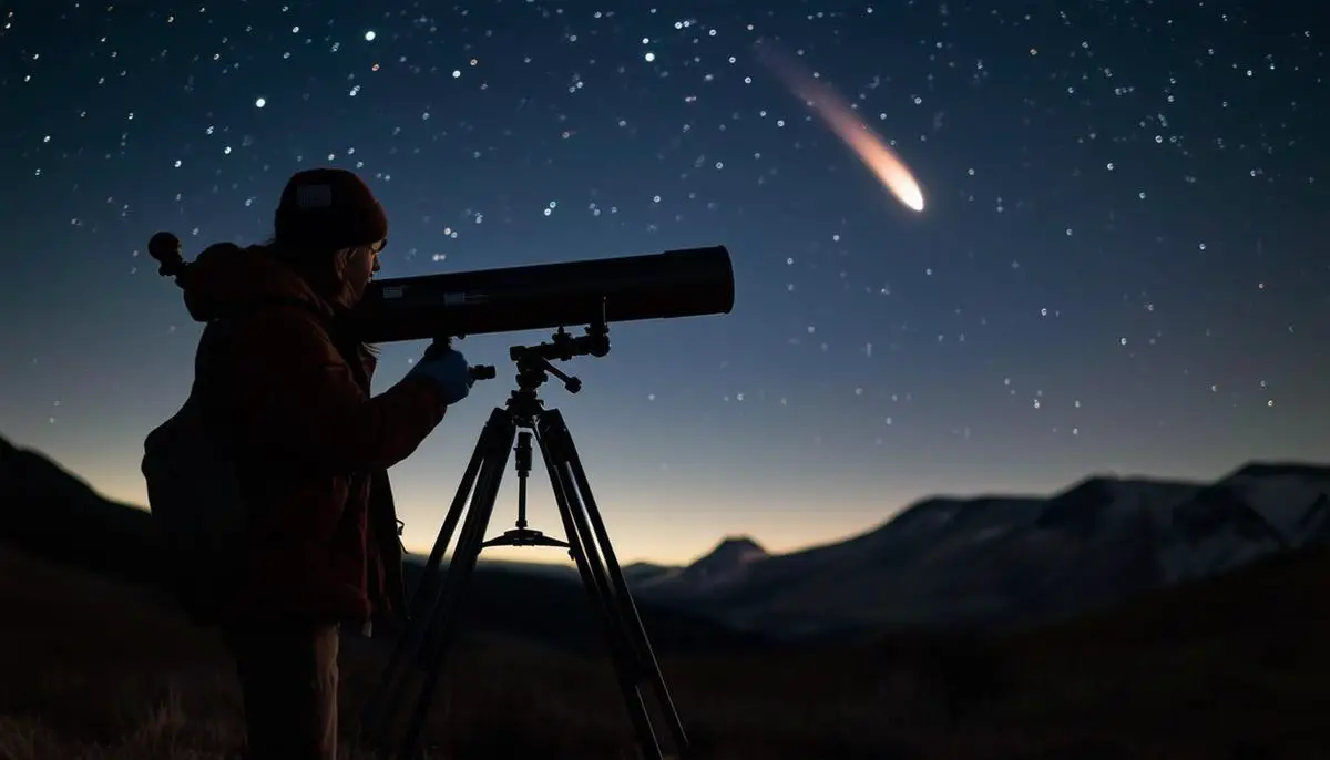 A person setting up a telescope for comet observation in a dark sky location