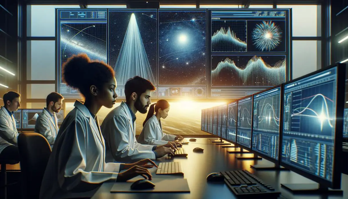 Scientists analyzing data from Comet C/2023 A3 in a modern astronomical research facility