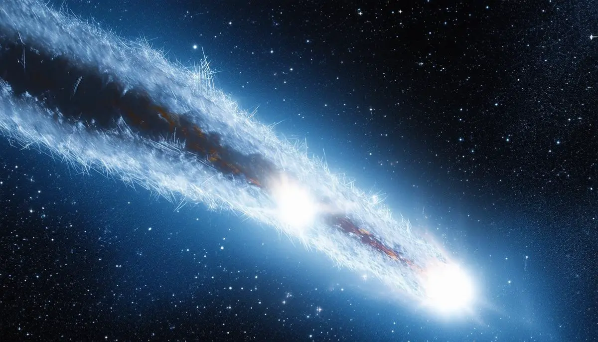 Cross-section view of Comet C/2023 A3 (Tsuchinshan-ATLAS) showing its icy nucleus, coma, and dual tails