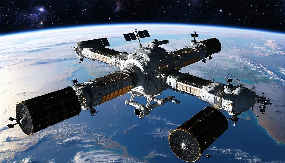 A futuristic commercial space station orbiting Earth