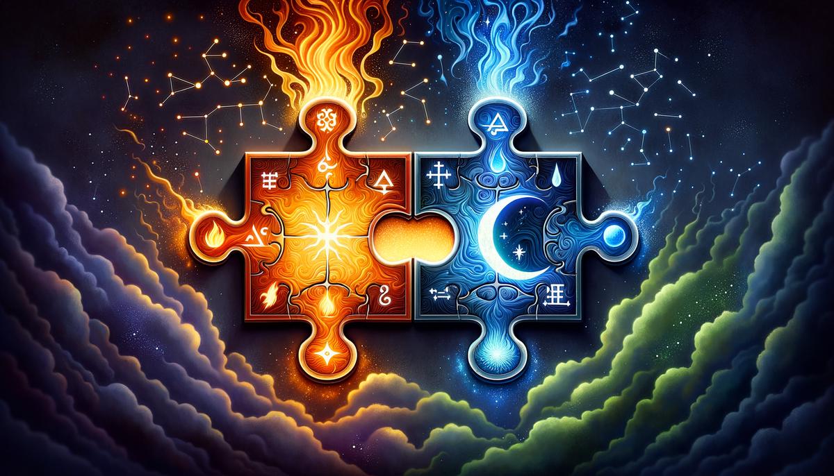 Two jigsaw puzzle pieces representing compatible zodiac signs fitting perfectly together