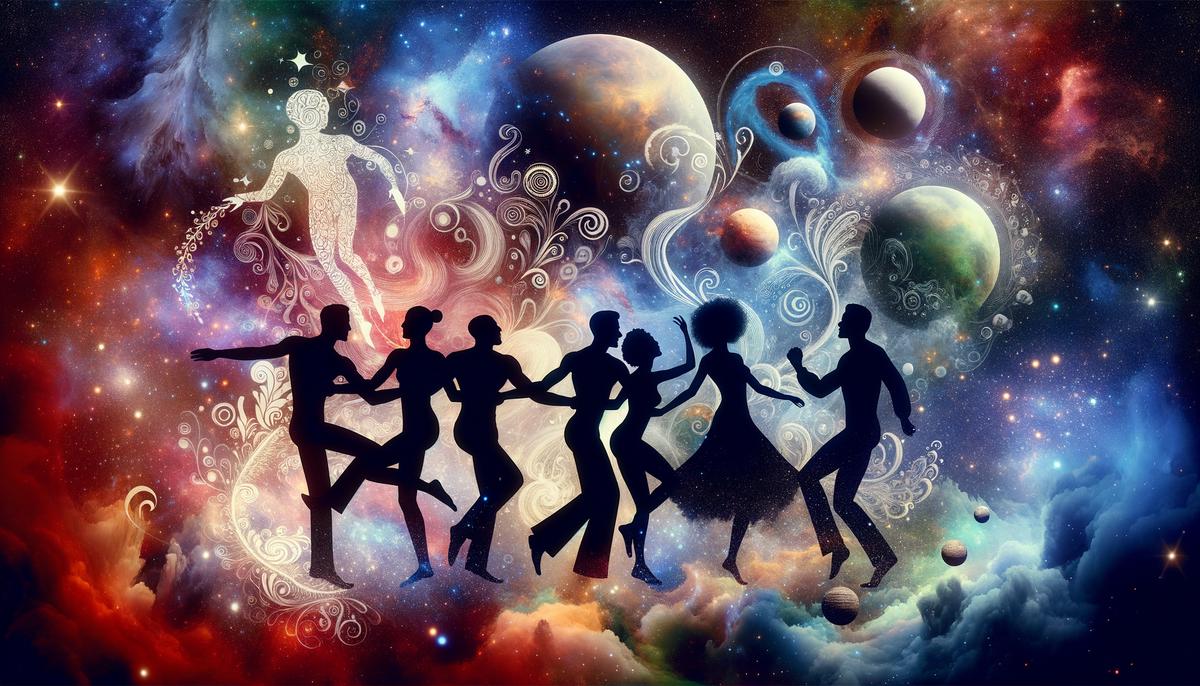 Silhouettes of people dancing among stars and cosmic swirls