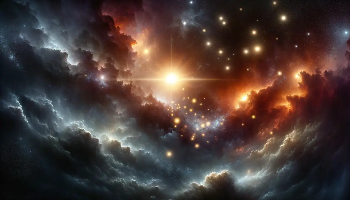 Artistic representation of the cosmic dawn, showing the first stars igniting amidst primordial gas clouds