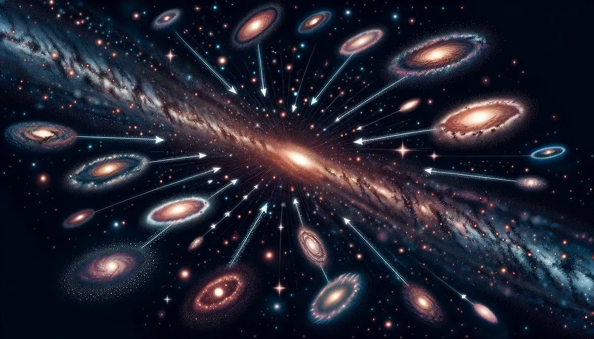 A visual representation of cosmic expansion, showing galaxies moving apart as space itself stretches