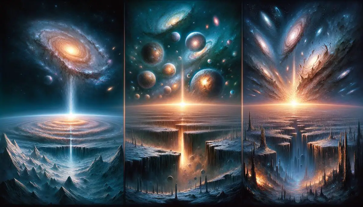 Artistic depiction of possible future scenarios for the universe: Big Crunch, Big Freeze, and Big Rip