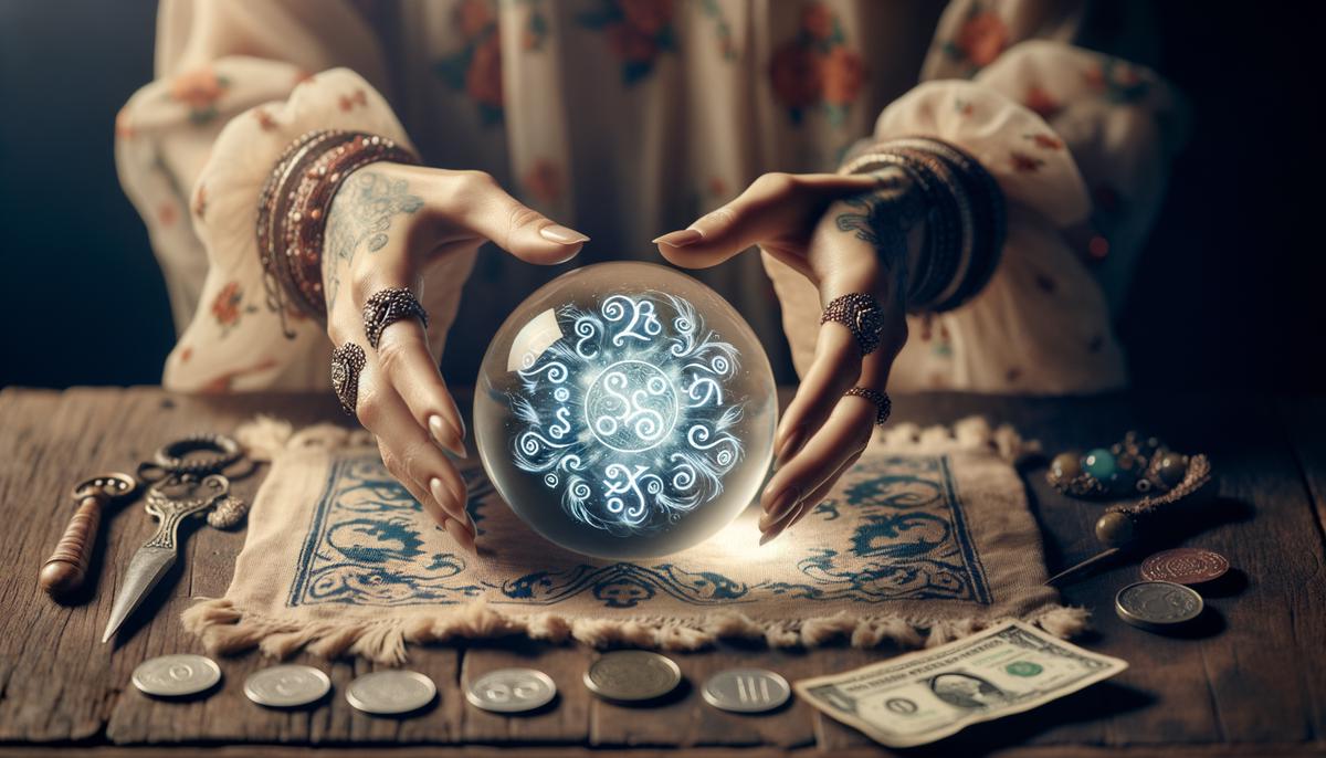Crystal ball showing zodiac signs and money symbols