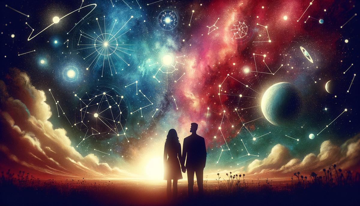 A couple silhouetted against a starry sky with constellations forming around them