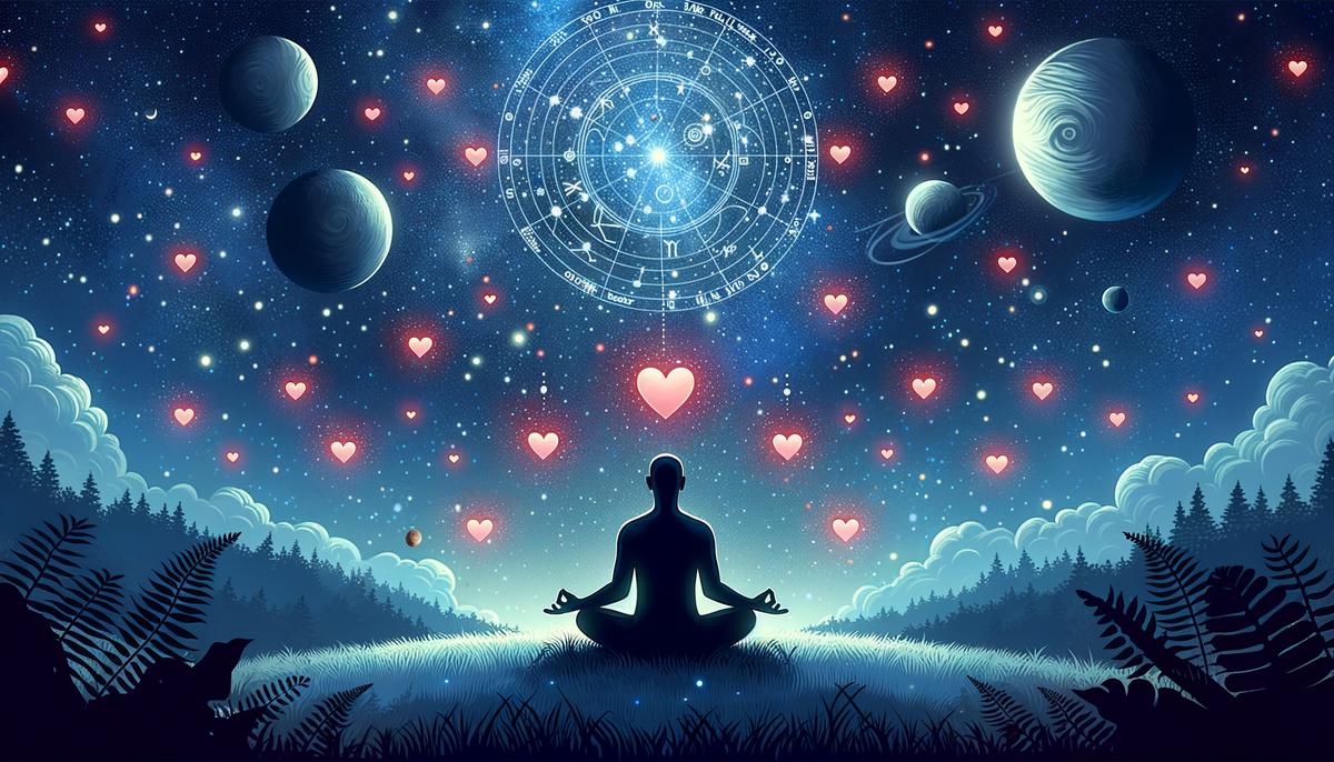 A person meditating under a starry sky, surrounded by symbols of love and astrology