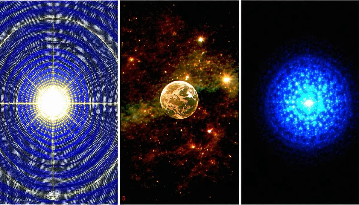 A collage of three images representing baryonic acoustic oscillations, type 1A supernovae, and the cosmic microwave background, illustrating methods used to measure the universe